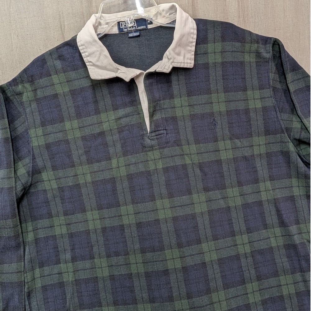 Polo Ralph Lauren Black Watch Plaid Rugby Shirt Mens XL Green Navy Blue USA Made